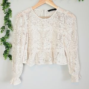 Zara Lace & Ruffle Peplum Cropped Blouse